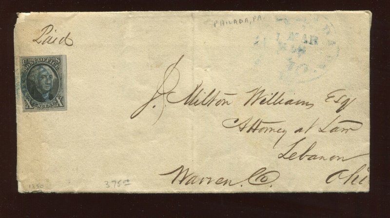 Scott 2 Washington Imperf Used Stamp on Nice 1850 Cover (Stock 2-Cover 1)