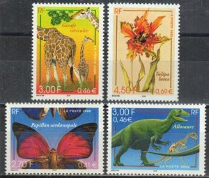 France Stamp 2776-2779  - Butterfly, giraffe, allosaurus, flower