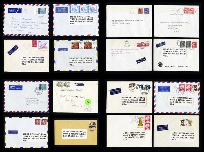 Lot of 80 Lions Club covers from Europe to Lions International, Oakbrook, IL