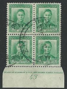 NEW ZEALAND GVI 1d USED plate block #43....................................41923