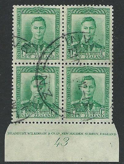 NEW ZEALAND GVI 1d USED plate block #43....................................41923