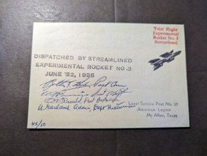 1936 USA Trial Flight Rocket Mail #3 Cover to McAllen TX Pilot Signed 4