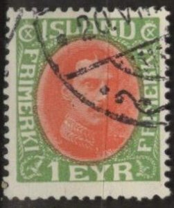 Iceland 202 (used) 1e Christian X, yel grn & red (1937)
