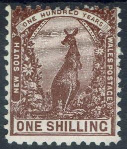 NEW SOUTH WALES 1905 KANGAROO 1/- WMK CROWN/SINGLE LINED A 