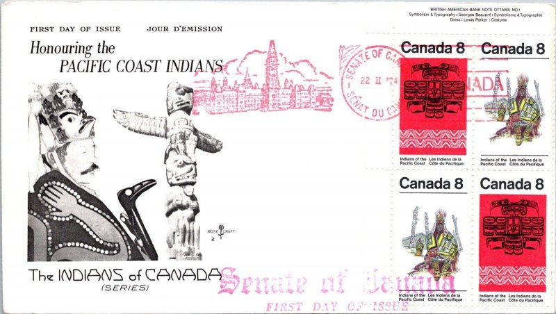 Canada 1974 FDC - Pacific Coast Indians - Ottawa, Ont - Block Of 4 - F78817