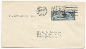 LINDBERGH Cover Washington DC June 18, 1927 Via Springfield, ILL.