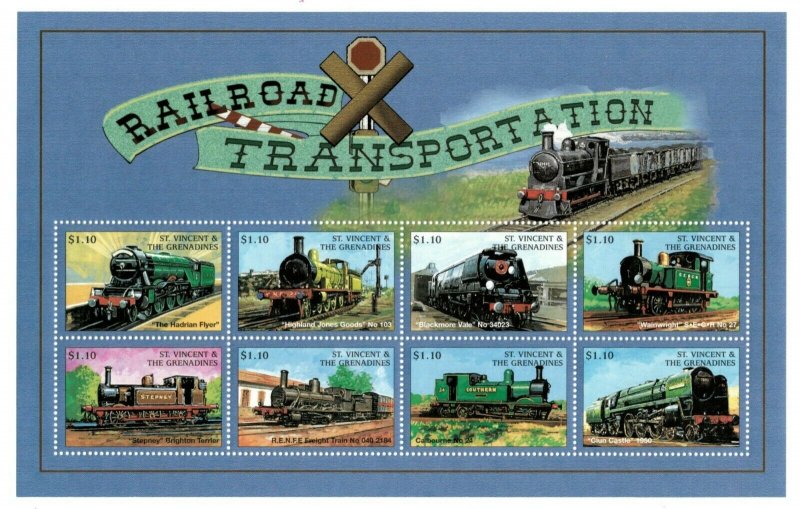 St. Vincent 1998 SC# 2596 Railroad Transport Trains - Sheet of 8 Stamps - MNH 