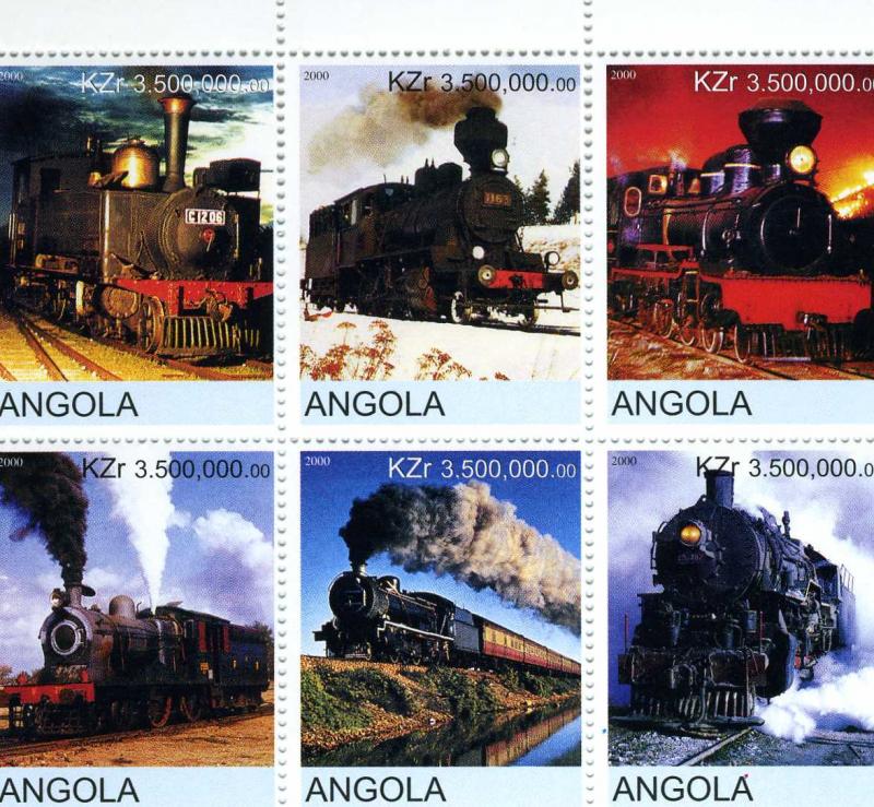 Angola 2000 TRAINS & LOCOMOTIVES Sheet (6) Perforated Mint (NH)