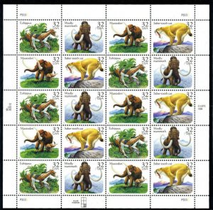 US #3077 - 80, 32c Prehistoric Animals,  Sheet, VF mint never hinged, Fresh S...