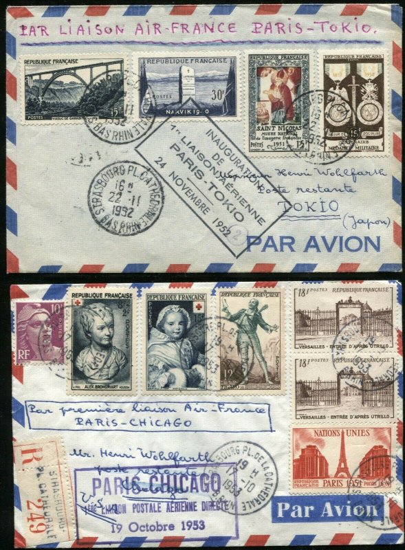 PARIS France FFC Airmail First Flight TOKYO CHICAGO Returned Cover Collection