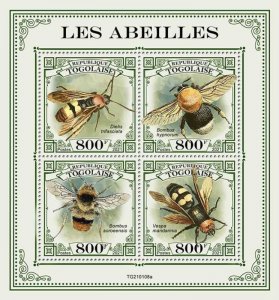 Togo - 2021 Bees, Tree Bumblebee, Asian Giant Hornet - 4 Stamp Sheet - TG210108a