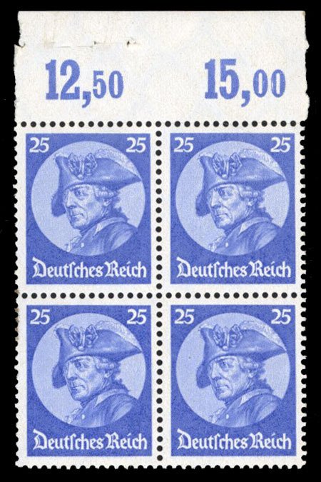 Germany #400 Cat$940, 1930 25pf ultramarine, top margin block of four, never ...