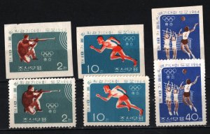 KOREA NORTH 1964 OLYMPIC GAMES TOKYO 2 SHORT SETS OF 3 STAMPS PERF. & IMPER. MNH