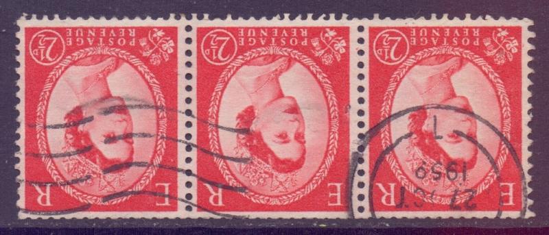 GB Scott 296 - SG519bi, 1952 Inverted 2.1/2d Wilding Strip of 3 used