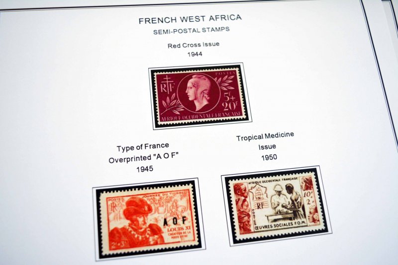 COLOR PRINTED FRENCH WEST AFRICA 1943-1959 STAMP ALBUM PAGES (15 illustr. pages)