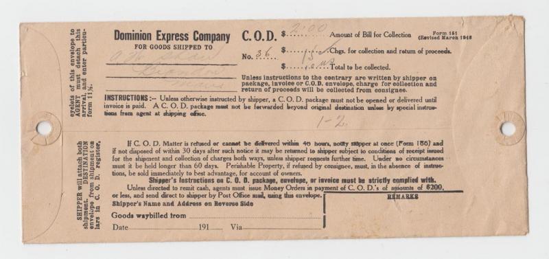 CANADA 1918 DOMINION EXPRESS CO, COD ENVELOPE TO US, 3c RATE (SEE BELOW)