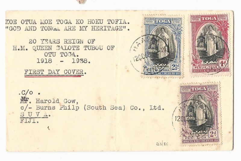 TONGA - Haapai 12 October 1938 20th Anniv of Queen Salote's Accession Set on FDC