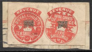 GREAT BRITAIN 1898 5sh and 10sh Arms Embossed Revenues on Piece Used