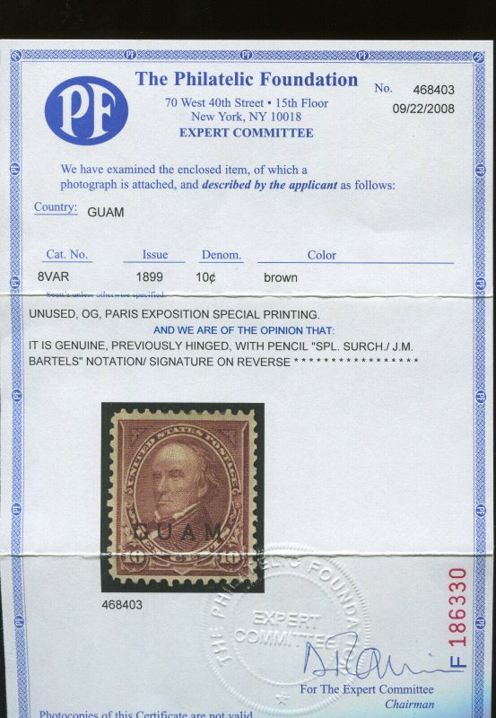 Guam Scott 8 Var SPECIAL PRINTING Mint Stamp with PF Cert (Stock G8-PF1)