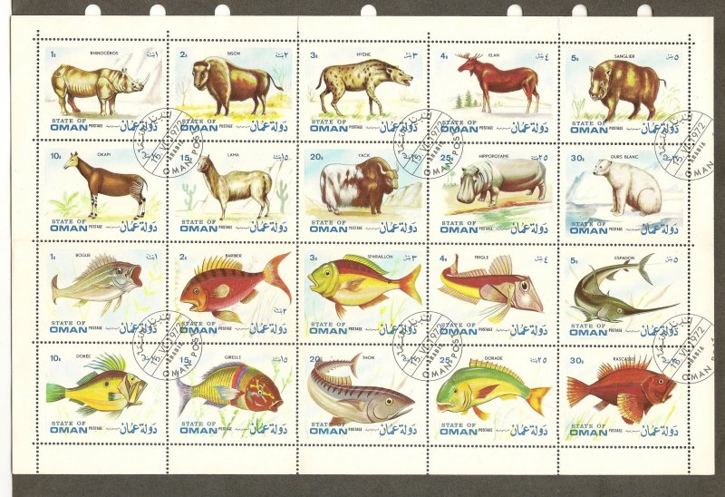 Oman Sheet of 20 Animal and Fish Stamps 1972 CTO PLEASE READ NOTE