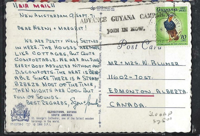 GUYANA (P2808B) 1971 10C BIRD SLOGAN CANCEL NEW AMSTERDAM ON PPC TO CANADA