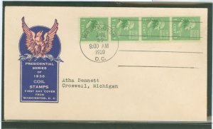 US 848 1939 1c George Washington (presidential/prexy series) coil strip of four - on an addressed first day cover with an Ioor c