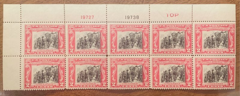 #651 Plate Block of 10 stamps.  2c George Rogers Clark