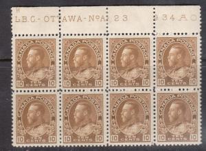 Canada #118 VF/NH Plate #23 Top Block Of Eight - Hinged In Selvage At Top