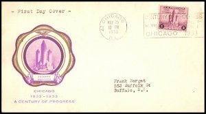 OAS-CNY ED-541 FDC SCOTT 729 – 1933 3c Federal Building at Chicago RICE CACHET