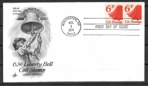 1974 #1518 6.3¢ Liberty Bell coil pair FDC