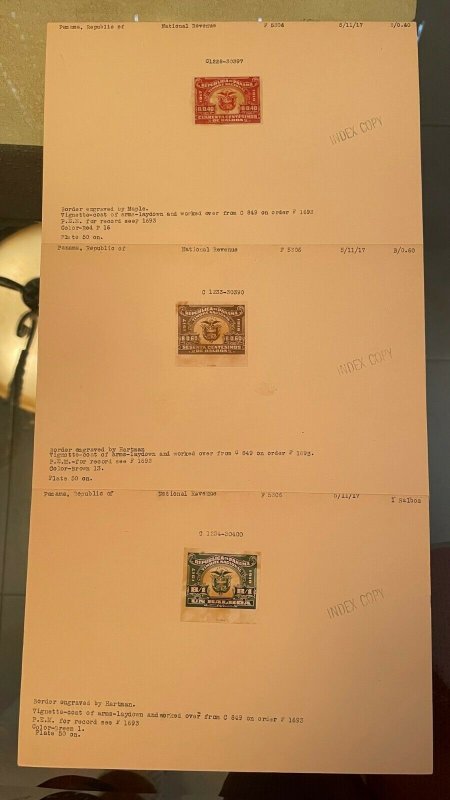 26 PANAMA 1917 & BEYOND REVENUE PROOF INDEX COPY CARDS W/ MASTERS EX ABNC