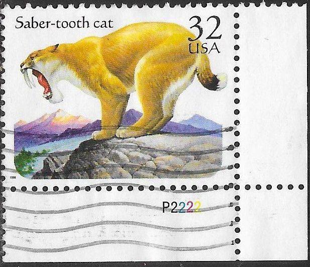 US 3080 Used - Prehistoric Animals - Saber-Tooth Cat - Plate Number Single