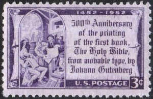 SC#1014 3¢ Gutenberg Bible, 500 Years Single (1952) MNH