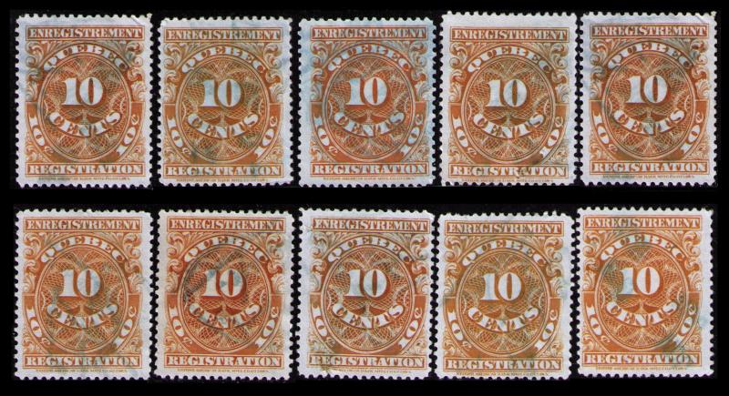 QUEBEC REVENUE TAX 1912 WHOLESALE DEALER LOT OF VINTAGE 10c #QR17 X 10 CAT $5