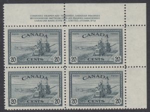 Canada #271 Mint Plate Block, Plate No. 2 UR