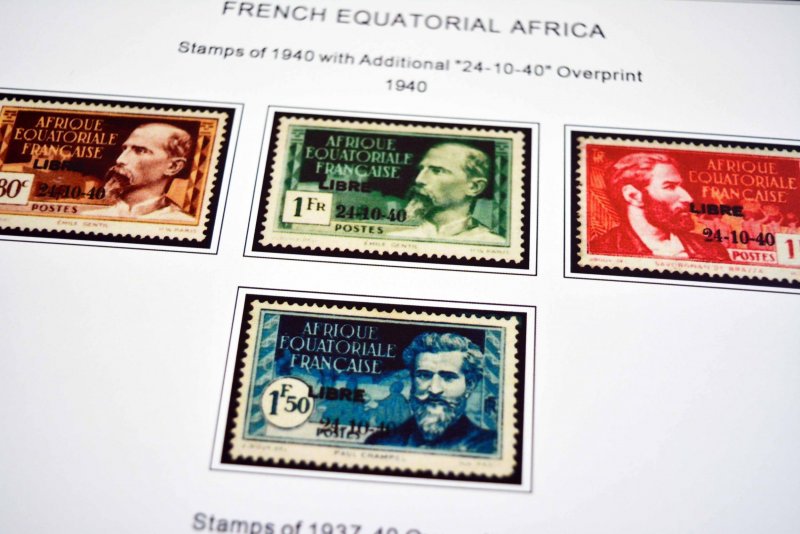 COLOR PRINTED FRENCH EQT. AFRICA 1936-1958 STAMP ALBUM PAGES (30 illustr. pages)