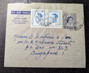 British Ceylon Airmail Aerogramme Cover Colombo to Singapore Straits Settlements