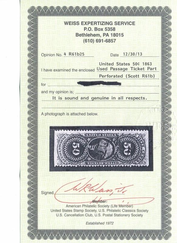 Scott R61b Passage Ticket Scarce Revenue Stamp with Weiss Cert (Stock R61-11)