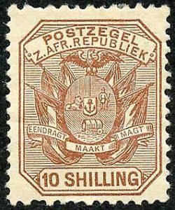 Transvaal SG212a 10/- Pale chestnut M/M (hinge remainders) Cat 24 pounds