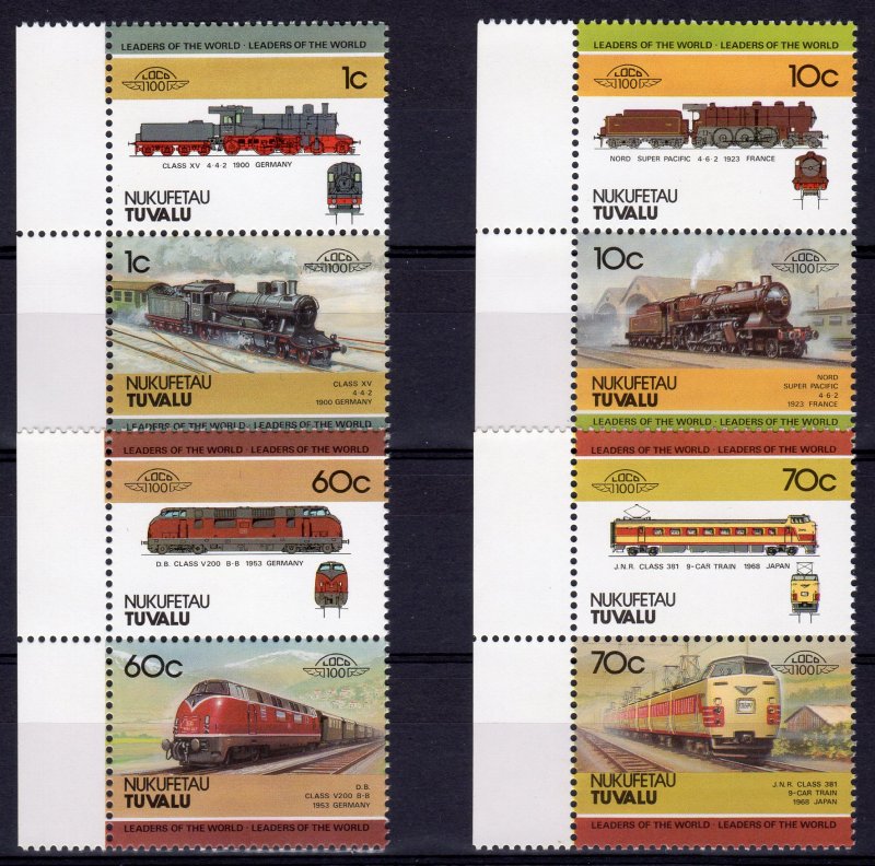 Tuvalu-Nukufetau 1985 LOCOMOTIVES 1st.series (8) 4 pairs MNH