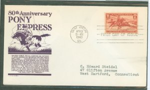 US 894 1940 3ct Pony Express/80th anniversary (single) on an addressed (typed) first day cover with an Anderson cachet and a St.