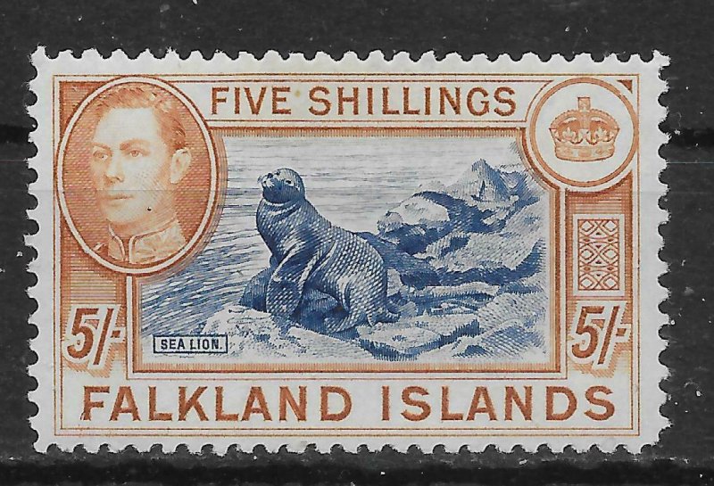 FALKLAND ISLANDS SG161b 1938 5/= INDIGO & PALE YELLOW-BROWN MTD MINT