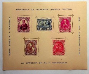 NICARAGUA Sc 739a+C320a NH 2 SOUVENIR SHEETS OF 1952 - QUEEN ISABELLA - (CT5)