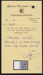 IRELAND 1922 KGV Provisional Govt 1d ERROR INVERTED MNH ** PHOTO CERTIFICATE 