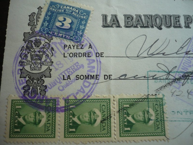 Canada - Revenue Tax and KGVI Issue Stamps on cheque dated 1946