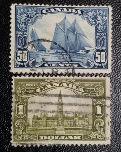 Canada 158-159 Used VF Bluenose 50c and Parlament Bldg $1.00 Stamp