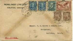 25 cent airmail for 1/2 oz 1935 to BARBADOS BWI w/receiver Canada cover