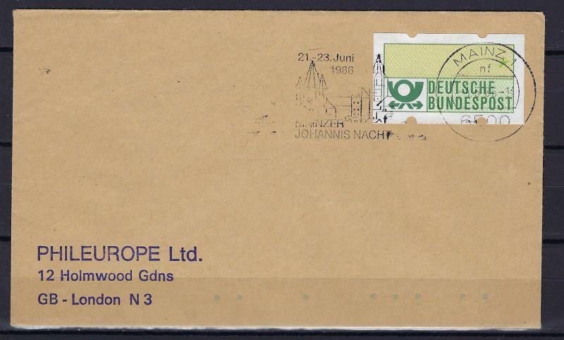 Germany Bund ATM-stamp issued 1981, denom. ? Pf, used, on cover, mis-printed