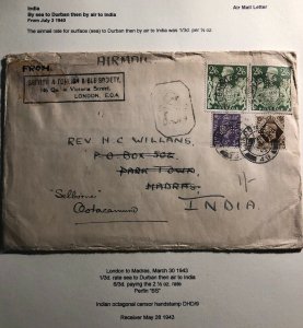 1943 London England Missionary Censored Cover To Madras India Perfin