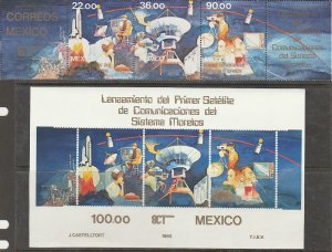 MEXICO 1388a-1389 Launch of Morelos Telecom Satellite strip & SS MINT, NH. F-VF.